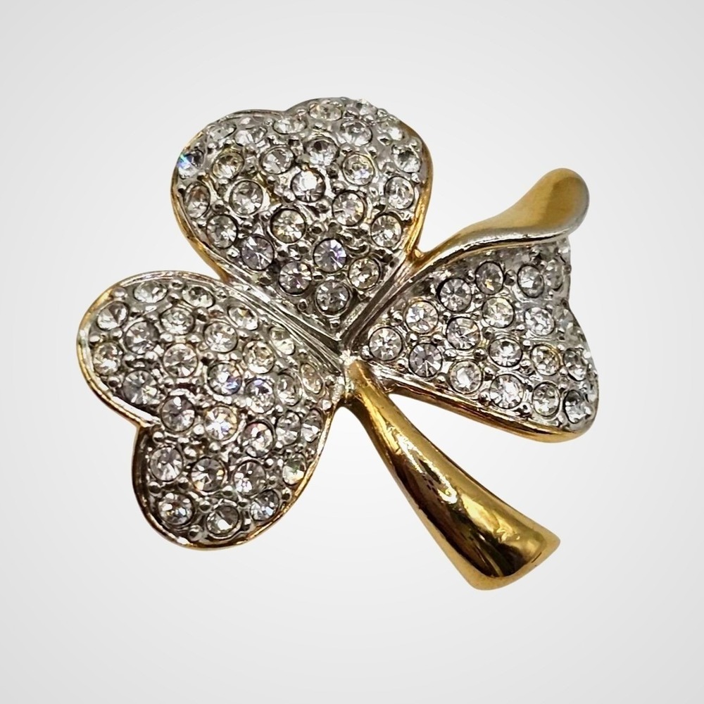Tara Shamrock Rhinestone Brooch Gold Tone Irish St Patricks Day Lucky Clover Pin - Picture 2 of 11